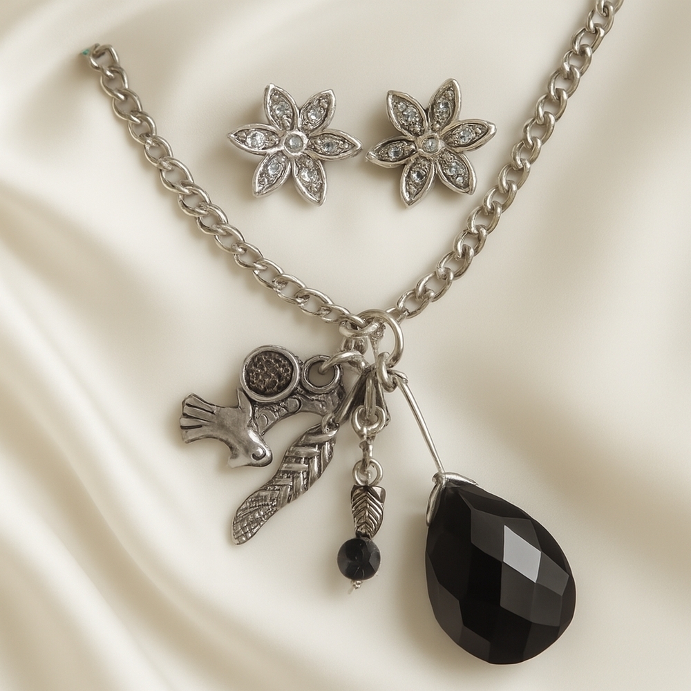 Monochrome Charms: Silver Flower Earrings & Black Teardrop Pendant Necklace 18"